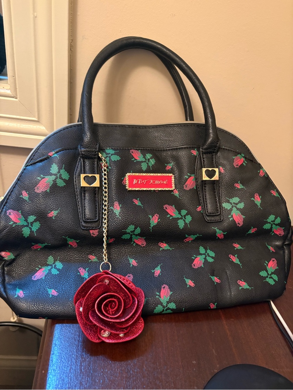 Betsey Johnson Black Floral Satchel with Red Rose Charm